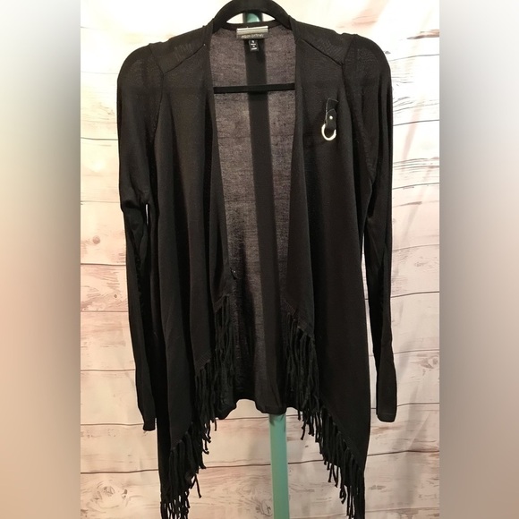 🖤BLK FRINGE BUCKLE WRAP CLOSURE LONG SLEEVE CARDIGAN SZ SM BY ALLISON BRITTNEY - Picture 4 of 6